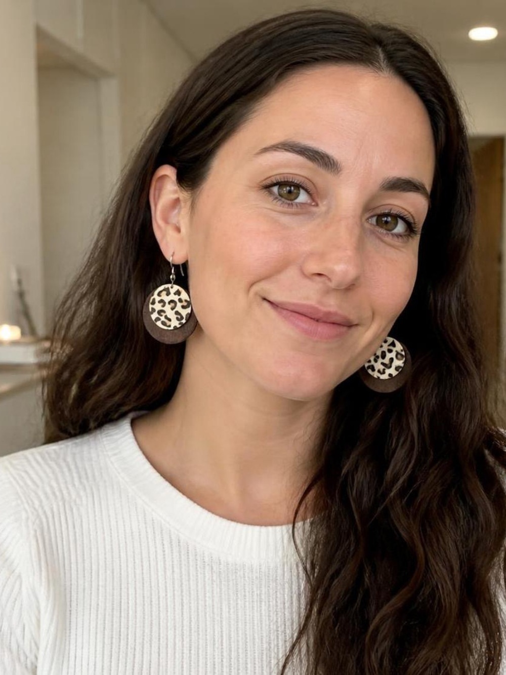 Leopard Print Disc Drop Earrings - Brown